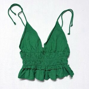 Sim & Sam Women XL Tank Crop Kelly Green Fairy Pixie‎ Tinkerbell Boho Linen NWT